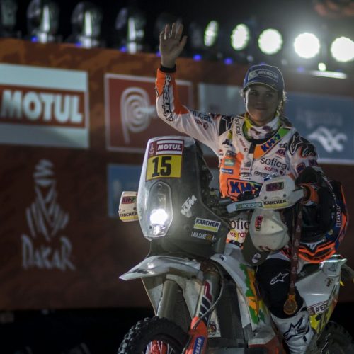 Laia Sanz (ESP) of KTM Factory Team is seen at the podium of Rally Dakar 2018 in Cordoba, Argentina on January 20, 2018 // Marcelo Maragni/Red Bull Content Pool // P-20180121-00196 // Usage for editorial use only // Please go to www.redbullcontentpool.com for further information. //